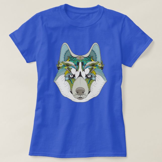 Wolf husky embellished green blue T-Shirt (Design Front)