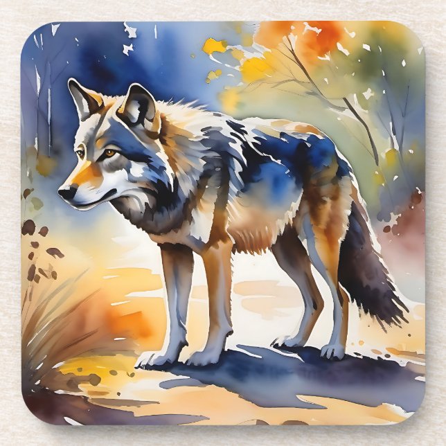 Wolf in a forest watercolor painting coaster (Front)