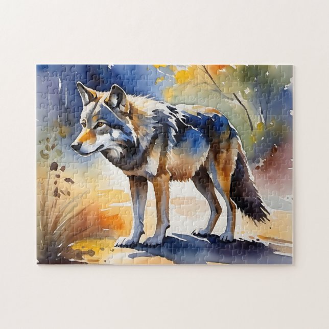 Wolf in a forest watercolor painting jigsaw puzzle (Horizontal)
