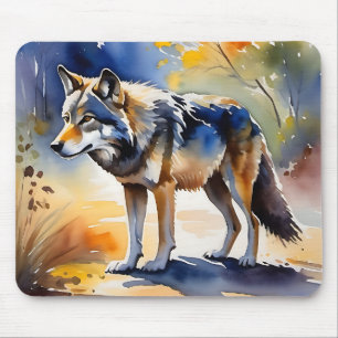 Wolf in a forest watercolor painting mouse mat