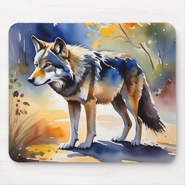 Wolf in a forest watercolor painting mouse mat (Front)
