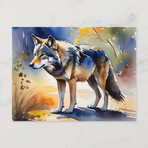 Wolf in a forest watercolor painting postcard