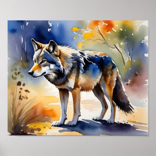 Wolf in a forest watercolor painting poster