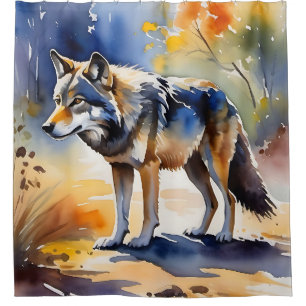 Wolf in a forest watercolor painting shower curtain
