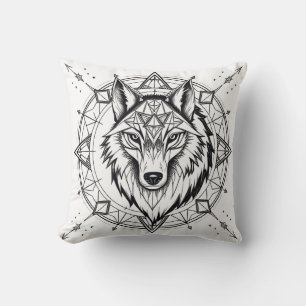 Wolf in a Geometric and Decorative Mandala Cushion