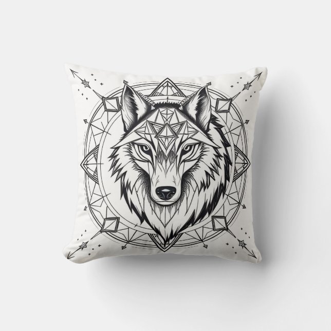 Wolf in a Geometric and Decorative Mandala Cushion (Front)