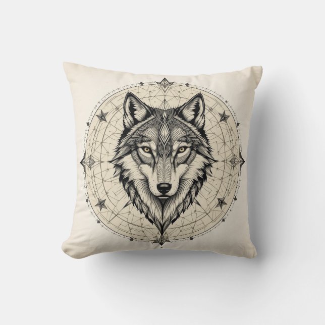 Wolf in a Geometric and Decorative Mandala Cushion (Front)