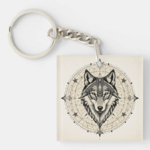Wolf in a Geometric and Decorative Mandala Key Ring