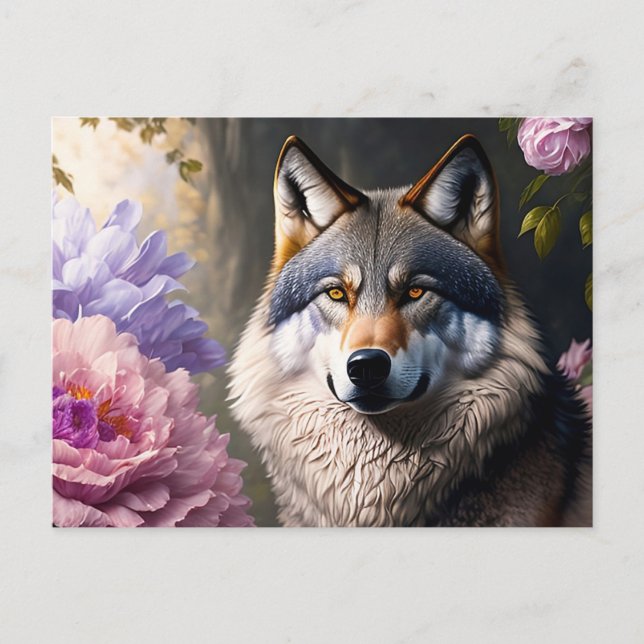 wolf in flowers postcard (Front)