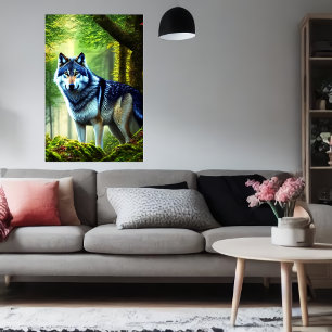 wolf in green forest    AI Art Poster