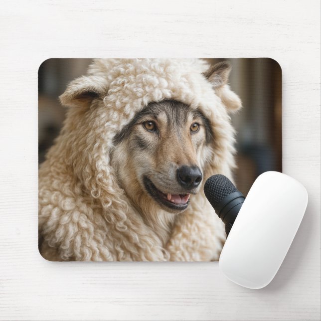 Wolf In Sheep Clothing Doing a Podcast Mouse Mat (With Mouse)