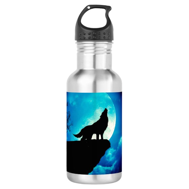 Wolf in silhouette howling to the full moon 532 ml water bottle (Front)