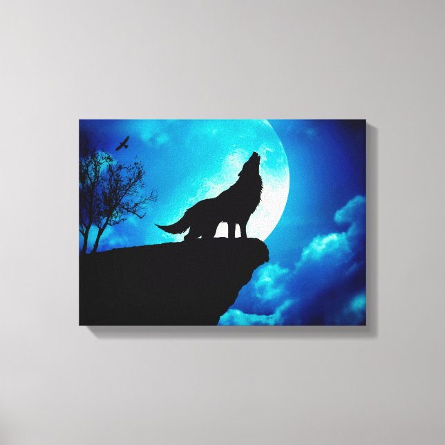 Wolf in silhouette howling to the full moon canvas print (Front)