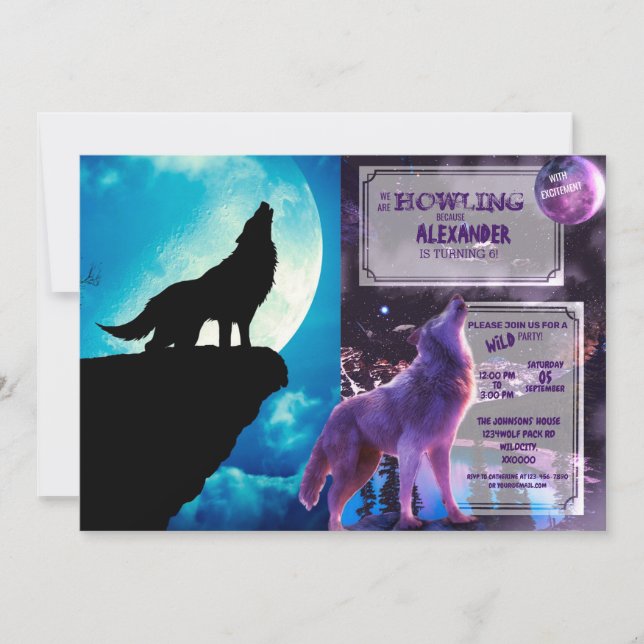 Wolf in silhouette howling to the full moon invitation (Front)