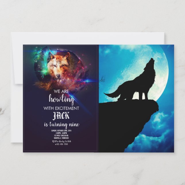 Wolf in silhouette howling to the full moon invitation (Front)