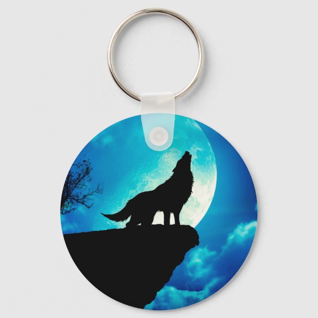 Wolf in silhouette howling to the full moon key ring (Front)
