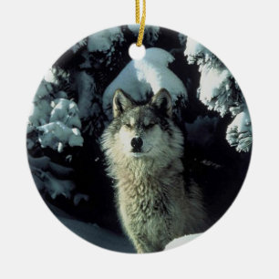 Wolf in snow ceramic tree decoration