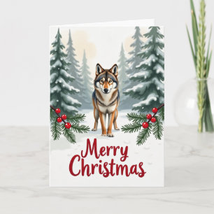Wolf in Snow Merry Christmas Card Forest Scene