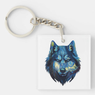 Wolf in starry night abstract wildlife key ring