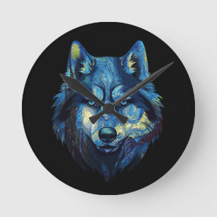 Wolf in starry night abstract wildlife round clock