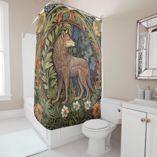 Wolf in the forest art nouveau shower curtain (In Situ)