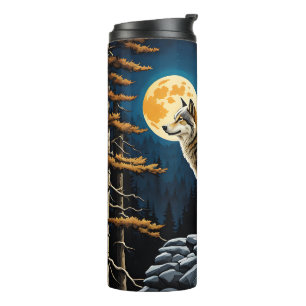 Wolf in the Forest with Yellow Moon Thermal Tumbler