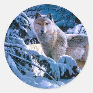 Wolf in the winter forest painting classic round sticker