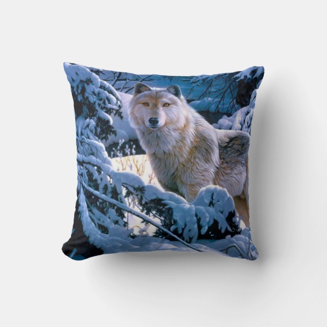 Wolf in the winter forest painting cushion (Front)