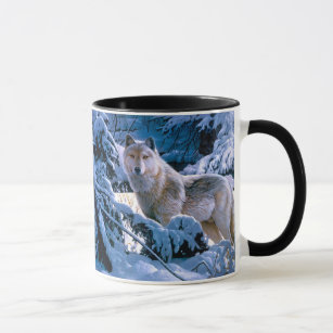 Wolf in the winter forest painting mug