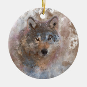 Wolf in watercolor ceramic tree decoration