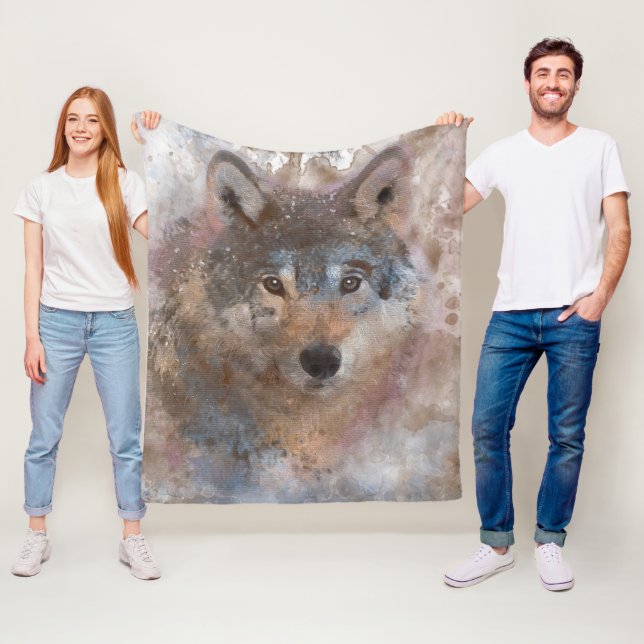 Wolf in watercolor fleece blanket (In Situ)