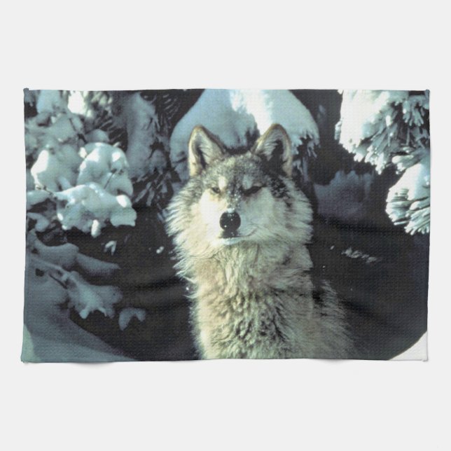 Wolf in Winter Forest Artwork Tea Towel (Horizontal)