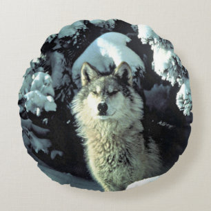 Wolf In Winter Forest Circle Round Cushion