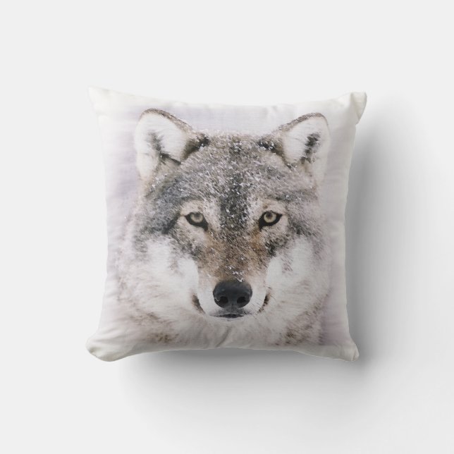 Wolf in Winter Painting Throw Pillow (Front)