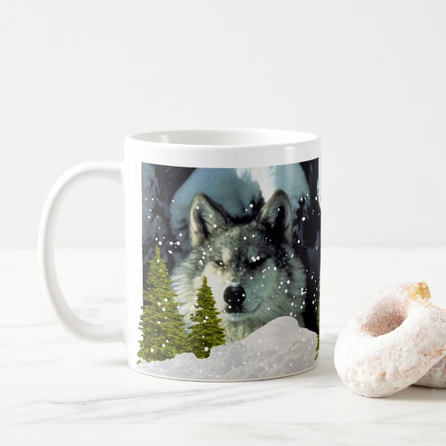 Wolf in Winter Snow Wildlife Lover Coffee Coffee Mug (With Donut)
