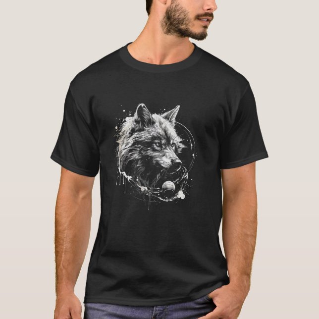 Wolf Ink Drawing Black White National Park Wildlif T-Shirt (Front)