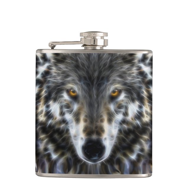 Wolf Inspirational graphic Portrait Hip Flask (Front)