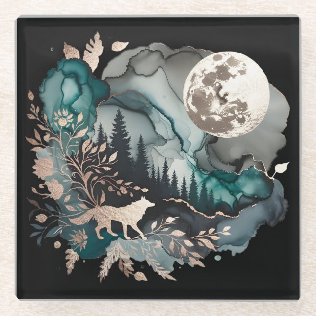 Wolf Landscape & Moon Teal Gold Glass Coaster (Front)