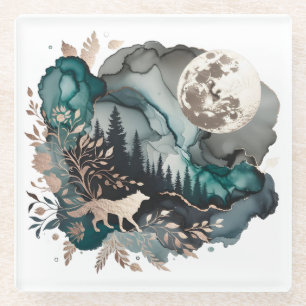 Wolf Landscape & Moon Teal Gold Glass Coaster