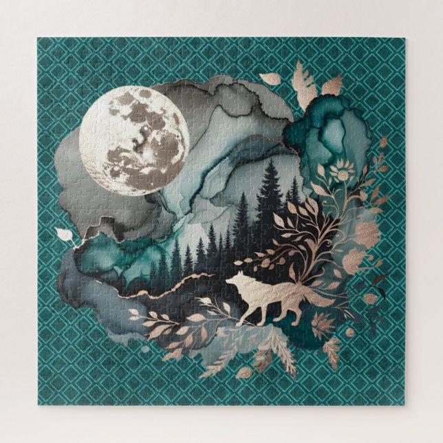 Wolf Landscape & Moon Teal Gold Jigsaw Puzzle (Vertical)