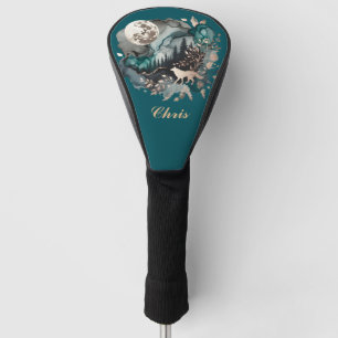 Wolf Landscape & Moon Teal Gold *Personalise* Golf Head Cover