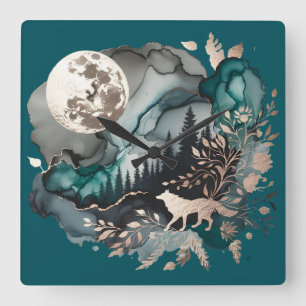 Wolf Landscape & Moon Teal Gold Square Wall Clock