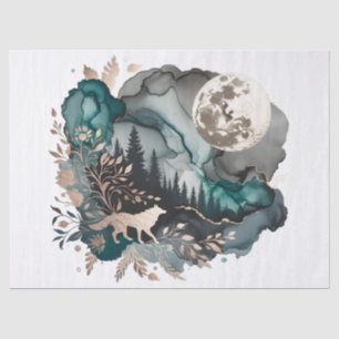 Wolf Landscape & Moon Teal Gold Tissue Paper