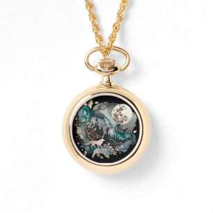Wolf Landscape & Moon Teal Gold Watch