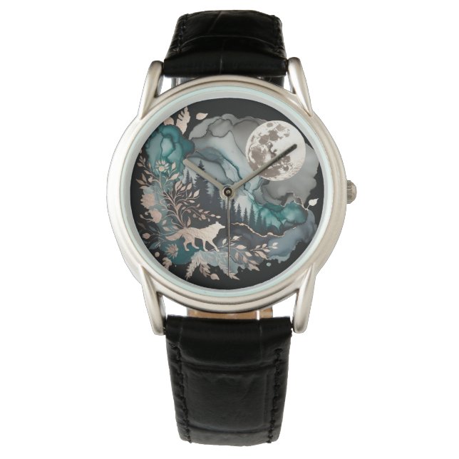 Wolf Landscape & Moon Teal Gold Watch (Front)