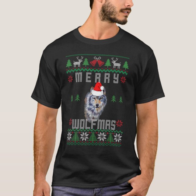 Wolf Merry Wolfmas  Christmas Wolf T-Shirt (Front)