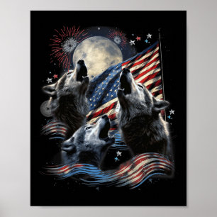Wolf Moon 4th Of July American Flag Howling Americ Poster