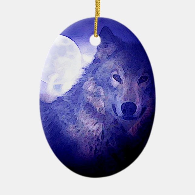 Wolf, Moon & Blue Night Ceramic Tree Decoration (Front)