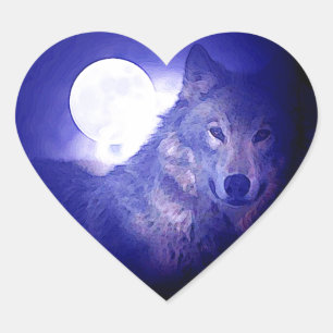 Wolf, Moon & Blue Night Heart Sticker