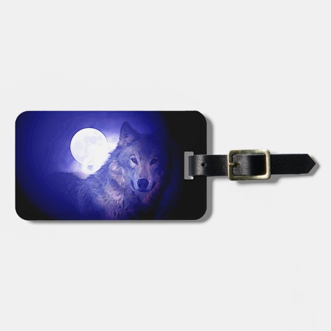 Wolf, Moon & Blue Night Luggage Tag (Front Horizontal)